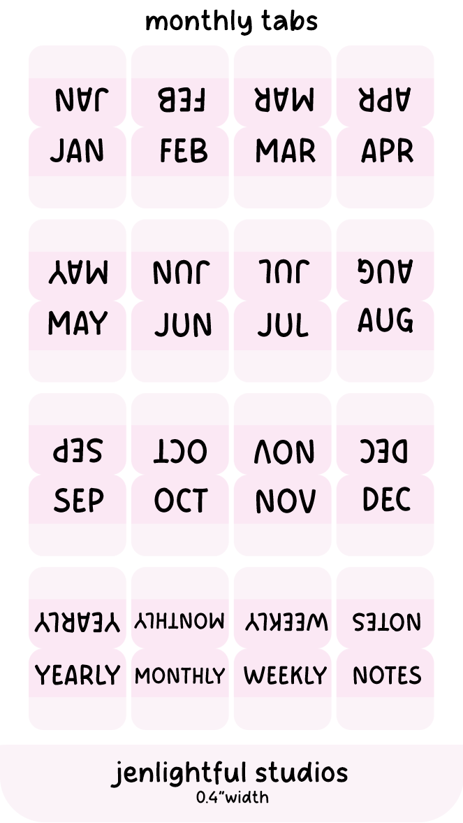 Pink monthly tabs with text labels for each month and categories, branded 'jenlightful studios'.