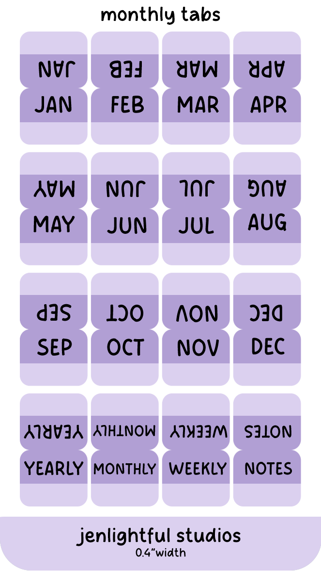 Purple monthly tabs with labels for each month and types of notes, branded 'jenlightful studios'.