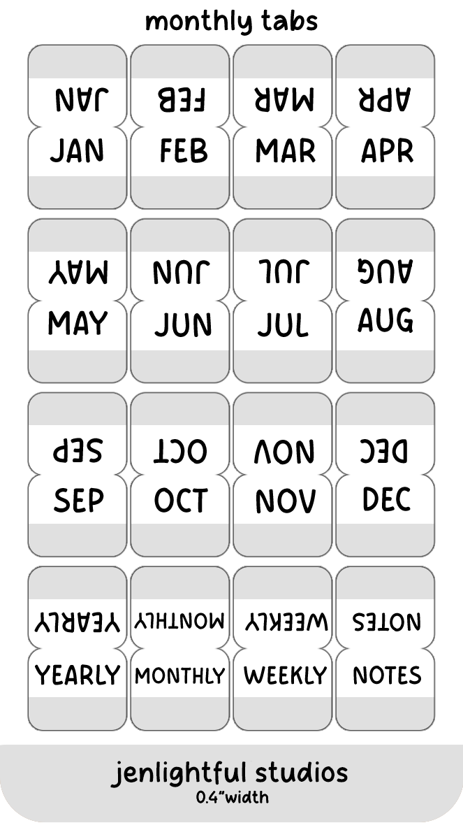 Set of white monthly tabs with labels for each month and types of notes, branded 'jenlightful studios'.
